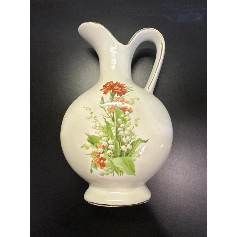 Vintage Porcelain Glazed Pitcher‎ Vase Gold Trim  Floral lily-of-the-valley 8.5